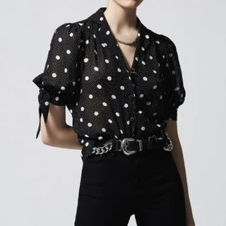 The Kooples Short Sleeve Tie Polka Dot Button Front Top Black Women's Size Small