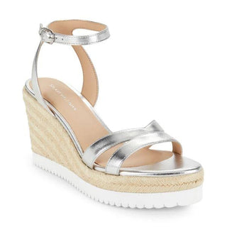 NWT Stuart Weitzman Catalina Espadrille Wedge Sandals Silver Leather Womens US 9