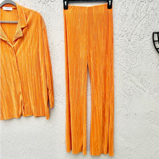 Storets Maria Oversized Plisse Shirt & Flared Leg Pants Set Orange Women's S / M