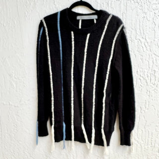 Raquel Allegra Cotton Knit Striped Pullover Distressed Sweater Black Women US 0