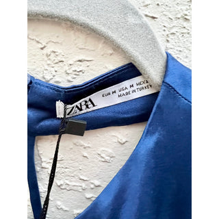 NWT Zara Open Back Jewel Chain Satin Halterneck Mini Dress Blue Women's Medium