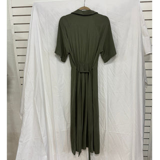 NWT H&M Short Sleeve Collared Tie-Belt Midi Shirt Dress Dark Khaki Green Women S