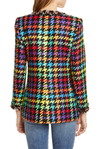 NWT Alice + Olivia Andreas Frayed Houndstooth Tweed Blazer Black Multi Womens XL
