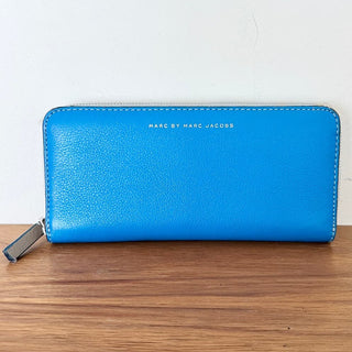 Marc By Marc Jacobs Leather Rectangle Wallet Colorblock Blue Beige Women's