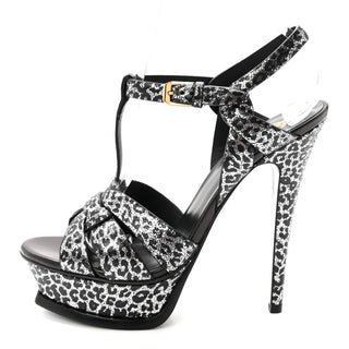 Saint Laurent Calfskin Leopard Tribute 105 Platform Sandals Black Silver EU 40