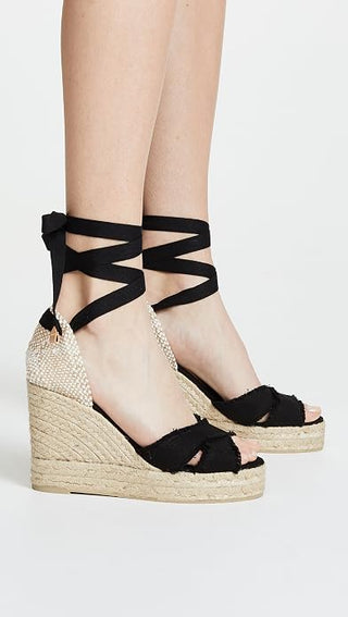 Castaner Bluma Canvas Crisscross Ankle Strap Wedge Heel Sandals Black Womens 40