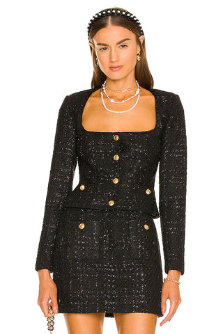 Assignment Bianca Square Neck Tweed Blazer with Gold Buttons Black Women's XS