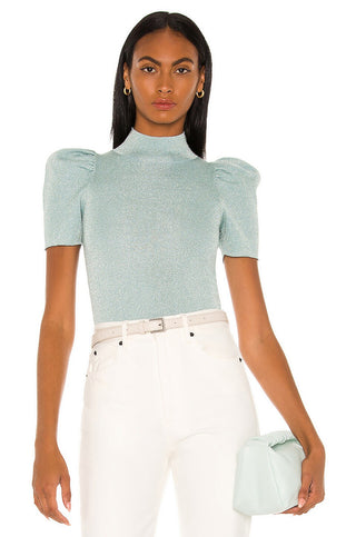 Alice + Olivia Issa Lurex Metallic Puff Sleeve Mock Neck Sweater Waterfall Large