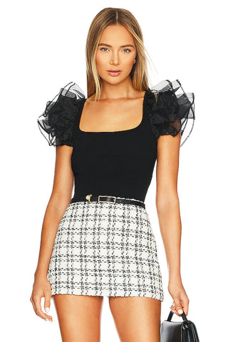 NWT Alice + Olivia Merida Tulle Sleeves Square Neck Knit Crop Top Black Small