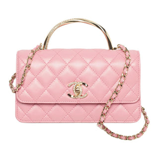 Chanel Quilted Leather Crystal Embellished Clutch Handbag with Chain Strap Pink