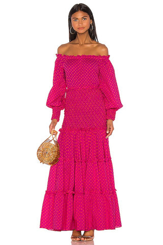 Alexis Thalssa Off-The-Shoulder Smocked Maxi Dress Fuchsia Dot Women's Size XS