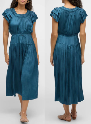 Ulla Johnson Satin Kalesta Micro-Pleated A-Line Midi Dress Neptune Womens Size 0