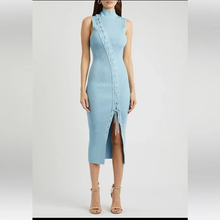 Jonathan Simkhai Ava Lace-Up Ribbed Bodycon Midi Dress Baby Blue Women's Size XS