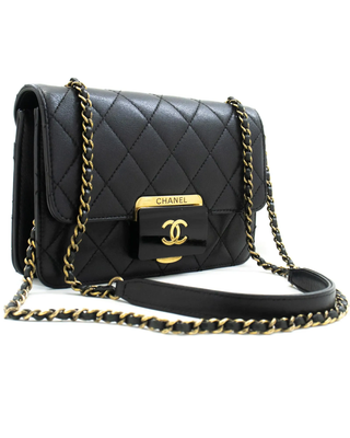 CHANEL Lock Quilted Leather Flap Crossbody Bag with Chain Strap Black