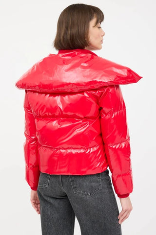 NWT Alice + Olivia Durham Full Zip Long Sleeve Puffer Jacket Shiny Ruby Red S