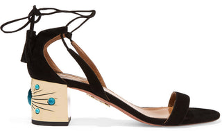Aquazzura Byzantine Suede Tassel Accents Block Heel Sandal Black Womens EU 38