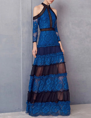 Alexis Bliss Sheer Lace  Cold Shoulder Long Gown Royal Blue Lily Women's Small