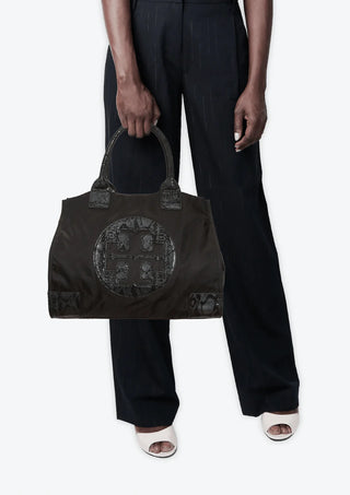 Tory Burch Large Nylon and Patent Leather Logo Tote Handbag Black