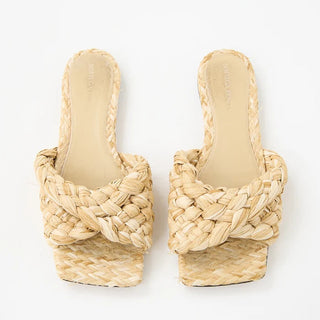 Bottega Veneta Raffia Stretch Slip On Square Flat Slides Sandals Beige Womens 40