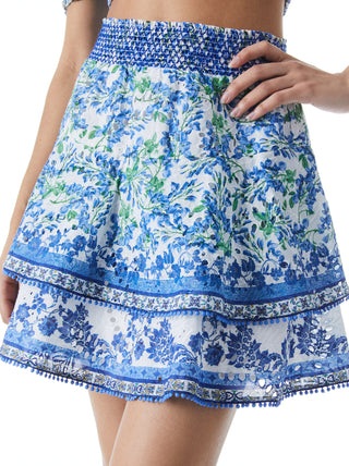 Alice & Olivia Crawford Smocked Floral High Rise Tiered Mini Skirt Blue Small