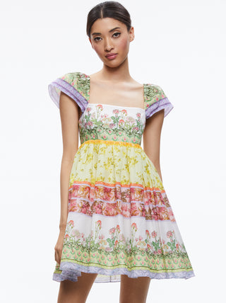 Alice + Olivia Tamia Puff Sleeve Babydoll Mini Dress Floral Fest Women's Size 6