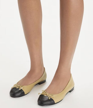 Tory Burch Nappa Leather Bow Cap-Toe Ballet Flats Ginger Black Women's Size US 7