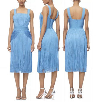 NWT Herve Leger Marion Sleeveless Fringe Midi Dress Hydrangea Blue Womens Medium