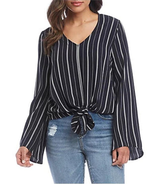 Karen Kane Striped Sky Country Flare Sleeve High-Low Blouse Navy Women's Small
