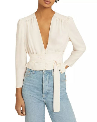 Reiss Alena Plunging V-Neck Button Front Cropped Blouse Ivory White Women's 0