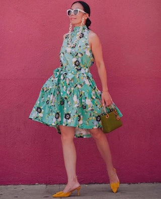 Pearl By Lela Rose Floral Poplin Belted Flounce Hem A-Line Dress Mint Women's S