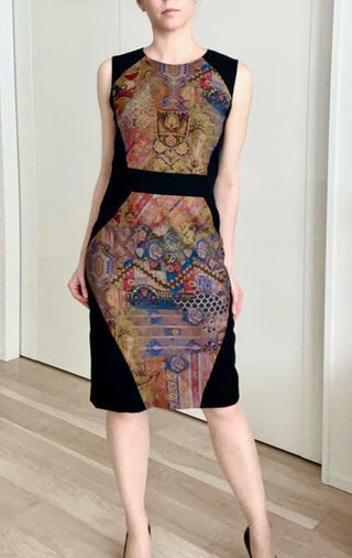 ETRO Patchwork Crewneck Sheath Dress Black Multicolor Women's Size IT 44/US 8-10