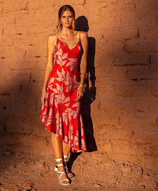 PatBO Leaves Ruffle Asymmetrical Midi Slip Dress Coral Red Women's Size US 4