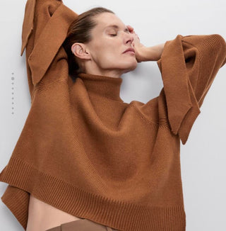 Zara Ribbed Tie Cuff Turtleneck Pullover Sweater Rust Brown Women's Size Medium