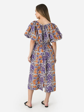 Rhode Augustina Floral Puff Sleeve Tie-Belt A-Line Midi Dress Purple Orange M