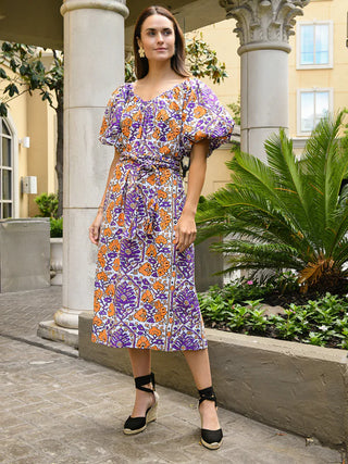Rhode Augustina Floral Puff Sleeve Tie-Belt A-Line Midi Dress Purple Orange M