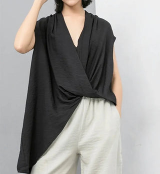 NWT Digs Cap Sleeve V-Neck Draped Asymmetrical Wrap Top Black Womens One Size