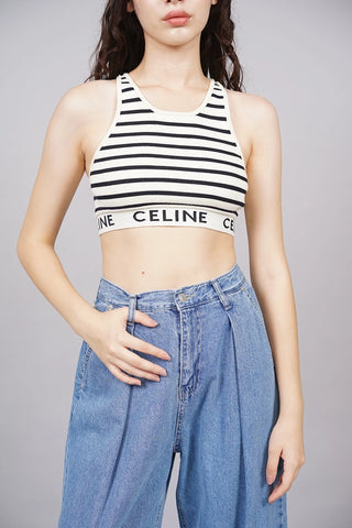 Celine Striped Logo Waistband Racerback Ribbed Crop Tank Top Cream Black Small