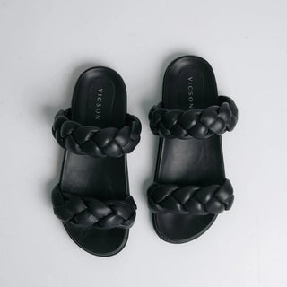 Vicson Harbour Leather Braided Strap Flat Sandals Black Women's Size EU 41