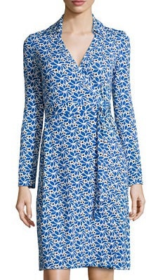 Diane von Furstenberg Floral Surplice V-Neck Wrap Midi Dress Blue/White Womens 8