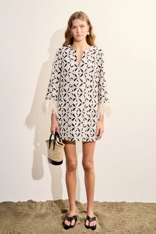 NWT English Factory Crochet Feather Trim Mini Shift Dress Cream Black Women's S