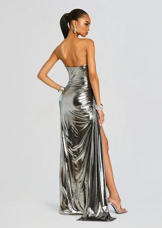 NWT Retrofete Shivani Strapless Slit Metallic Long Dress Gunmetal Women's Size S