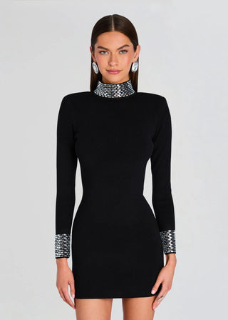Retrofête Corinth Embellished Turtleneck Knit Mini Dress Black Silver Women's XS