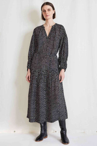 A piece Apart Ela Dotted Long Sleeve Tie Waist V-Neck Maxi Dress Black White L
