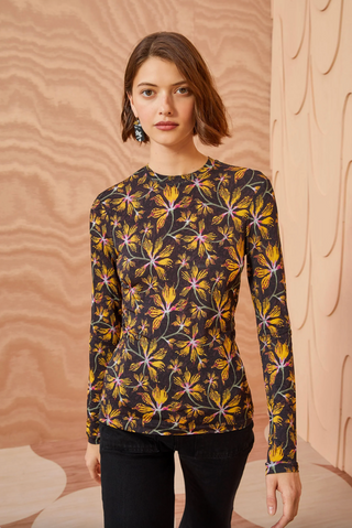 Ulla Johnson Eve Floral Long Sleeve Crew Neck Jersey T-Shirt Top Maple Large