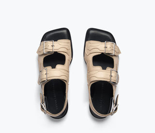 Freda Salvador Faye Leather Anatomical Flat Western Buckle Sandal Cream Black 10