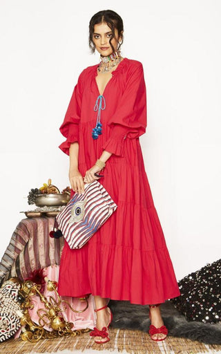 NWT Figue 100% Cotton Bella Tasseled Neck Tiered Maxi Dress Pink Womens Sze XS/S