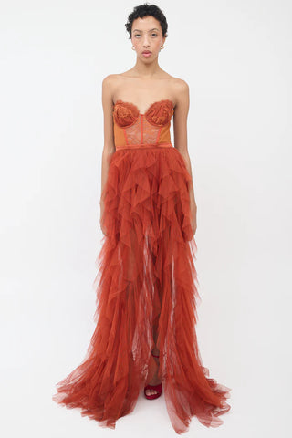 For Love & Lemons Tulle Corset Bustier Tiered Maxi Dress Burnt Orange Womens S