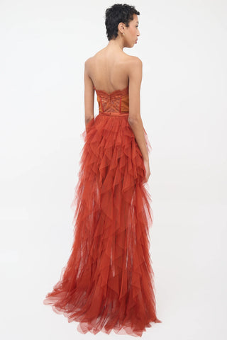 For Love & Lemons Tulle Corset Bustier Tiered Maxi Dress Burnt Orange Womens S