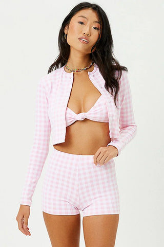 NWT Frankies Bikinis Cheri Gingham Long Sleeve Cardigan Pink White Women's M