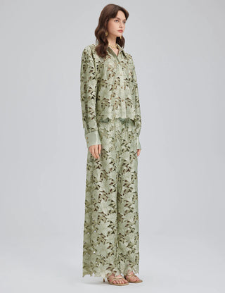 Rich Radi Q's floral light green cutwork embroidered studded set pants and shirt, S